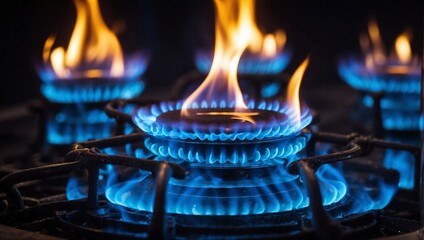 Blue flames of natural gas burning from a gas stove