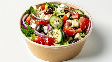 Mouth-watering Greek salad packed in a paper bowl, ideal for to-go orders, presented in a top-view composition on a white background.