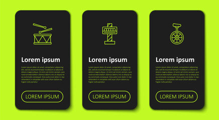 Set line Drum with drum sticks, Attraction carousel and Unicycle. Business infographic template. Vector © Iryna