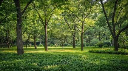 Peaceful scene of tall trees and lush vegetation in a serene public park, offering a tranquil retreat from the hustle and bustle of the city.