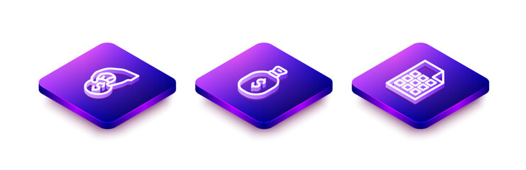Set Isometric line Hand holding casino chips, Money bag and Lottery ticket icon. Vector