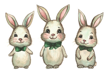 Easter bunnies drawn in watercolor on a white background. Cute little animals for decorating a nursery. Pastel colors, watercolor illustration.