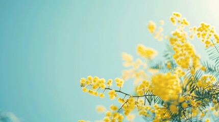 Beautiful yellow mimosa branches blooming against blue sky background. Generated AI image