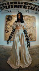 Fototapeta premium 全身白色でコーディネートした黒髪ロングヘアの女性ヒューマノイド