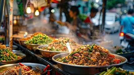 Traditional Thai street food stall serving up aromatic stir-fried minced pork with basil, a popular local favorite.