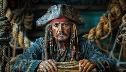 Old pirate with rope and box sitting on dark background 