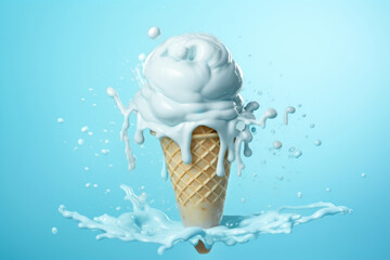 Ice cream in a waffle cone with milk splashes on a blue background
