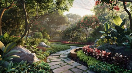 Tranquil setting with vibrant foliage and winding pathways, inviting visitors to relax and unwind amidst nature's beauty.
