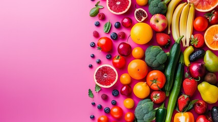 Vibrant background of fresh fruits and vegetables arranged for healthy shopping or delivery, promoting nutritious lifestyle choices