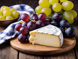 Food Gorgonzola and Brie cheese with grapes, a natural and tasty dish
