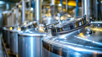 Stainless Steel Tanks for Processing and Storing Plant-Based Milk in a Factory. Concept Plant-based Milk Production, Stainless Steel Tanks, Food Processing Equipment, Factory Operations