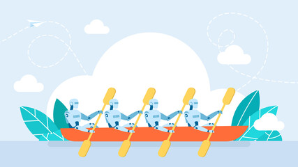 Synchronous work of Artificial Intelligence. Coordination. Group of robots humanoid rowing a boat. Robotic technology teamwork success strategy leadership concept. Flat illustration