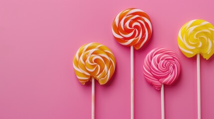 Top view sweet caramel lollipop candies flat lay on pink background. Generated AI image - Powered by Adobe
