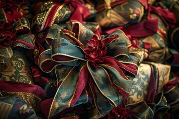 Detailed view of Christmas tree-shaped presents decorated with colorful bows, perfect for festive greetings