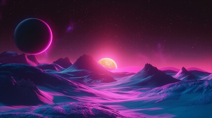 Fototapeta premium Sunset on purple sky among sandy mountains and planet