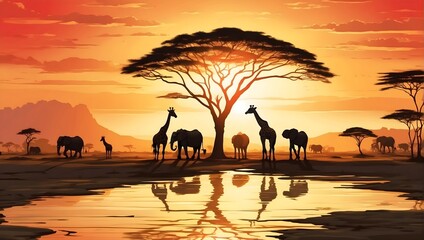 beautiful landscape of african sunset with silhouettes of giraffes and elephants. design for banner, poster, social media, web. generative ai
