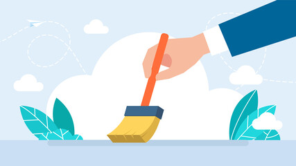 Cleaning broom. Businessman holding broom in his hand. Sweep the floor. Person cleaning dirty surface from dust and dirt. Housework, service concept. Flat illustration