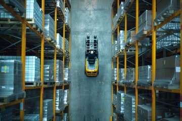 A yellow car is parked inside a large warehouse, showcasing industrial efficiency and organization