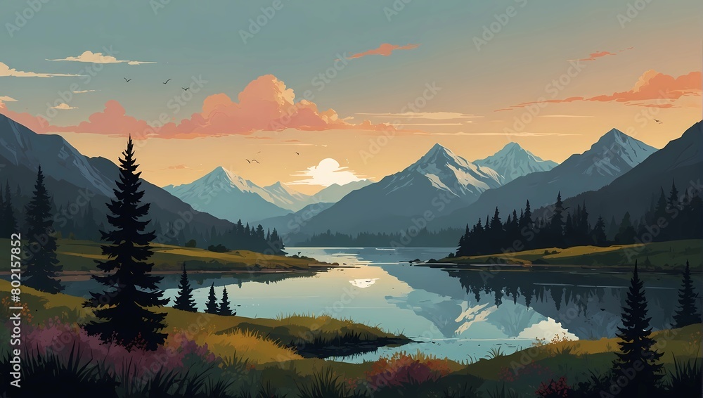 Wall mural sunset landscape over mountains and lake. beautiful view for banner, poster, web, social media. gene