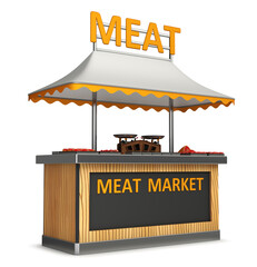 Market wooden stall, fair booth with fresh meats products. 3d canopy kiosk mockup with fresh meat. 3d illustration on white background