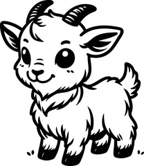 Cute little goat kids black outline coloring book illustration.