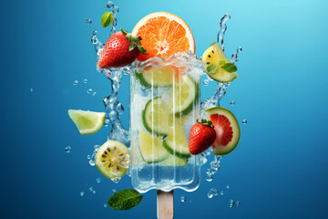 Transparent popsicle with fruits and berries on a blue background.