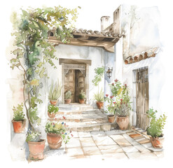 Watercolor entrance adorned with plants and flowers