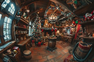A room brimming with Christmas decorations, showcasing the festive spirit with elves working on toys for Christmas