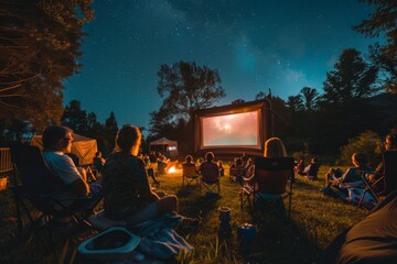 A diverse audience of families sitting in a field, watching a movie on an outdoor screen illuminated against the night sky