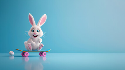 Kleiner süßer Osterhase mit Skateboard fliegt im blauen Hintergrund als Cartoons Comic 3D Stil