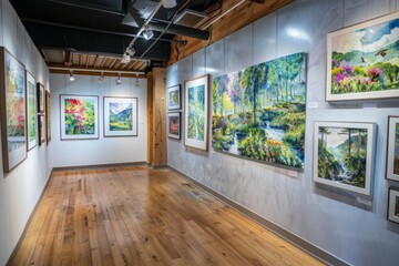 Room filled with various green Earth watercolor paintings displayed on the walls, offering a diverse selection of artwork