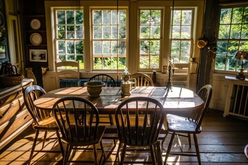 Fototapeta na wymiar A wide-angle view of a dining room featuring a weathered farmhouse table and vintage chairs