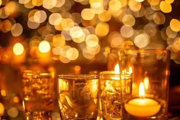 A table adorned with glasses filled with glowing candles, illuminated by golden bokeh lights for a celebratory event