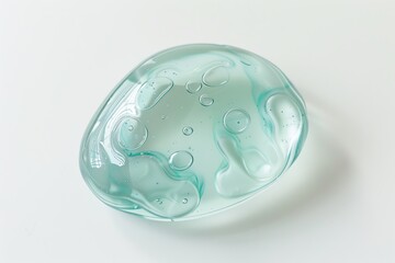 Gel. Green gel texture with bubbles swoosh swatch sample cosmetics. Cosmetic product close up. Facial jelly serum, cleanser, shower gel or shampoo. Transparent drop isolate on white background. Liquid