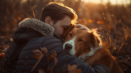 man hugging dog in a field at sunset