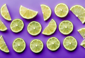 Fototapeta premium Contemporary design of lime slices on a minimalist purple background. AI generated.