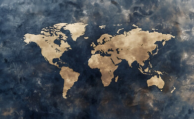 A paper map of the world with a blue background. The map is made of paper and has a vintage look to it. Generative AI