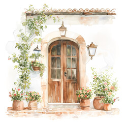 Wooden door with floral decor and wall lamps