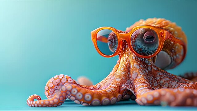 Funny octopus wearing sunglasses in studio with a colorful and bright background. Created with Generative AI.