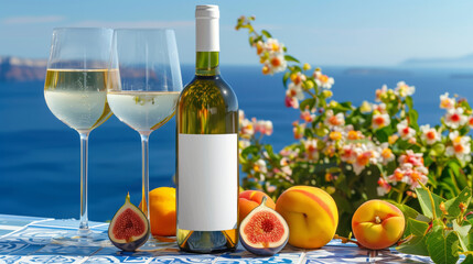 White wine, fruits and flowers on the background of the Mediterranean landscape