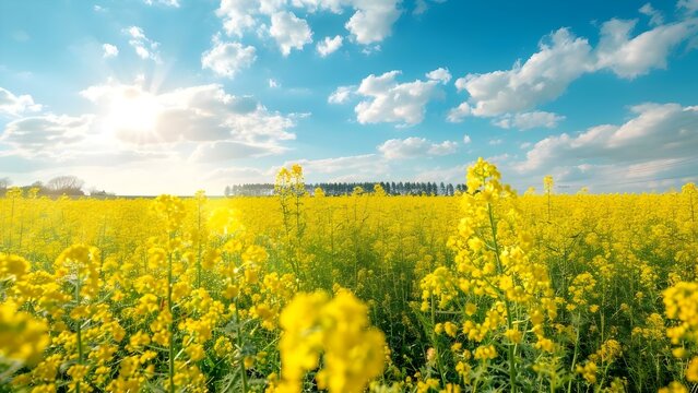 Blooming Rapeseed and Canola Plants: A Source of Biofuel in the Landscape. Concept Biofuels, Agriculture, Renewable Energy, Environment, Landscape