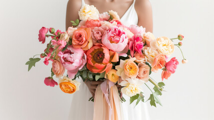 Luxurious wedding bouquet of ranunculus, peonies, chrysanthemums and roses in the hands of a bride in a wedding dress.