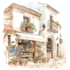 Watercolor of a quaint shopfront in a village