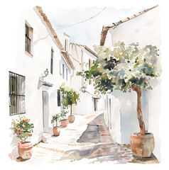 Quaint street with potted plants in white village