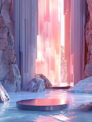 3D render of an empty podium surrounded by flowing water and ice curtains, in a serene pastel setting, ideal for sophisticated product exhibitions