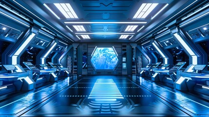 Modern spaceship command center with symmetrical stations, Earth view, in a serene blue and white scheme.