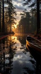 Peaceful stock photo of a calm lake at sunrise, with canoes aligned in symmetry, symbolizing harmony in nature and human contentment