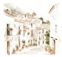 Spanish village street in watercolor