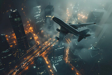 Commercial passenger airplane flying over a city at bright sky AI Generative