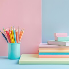 Back to school pastel background with stationery, kids supplies, alarm clock, green apple on table. Colorful paper, color pencils, stack of books. Copy space for text. Front view. Young student desk